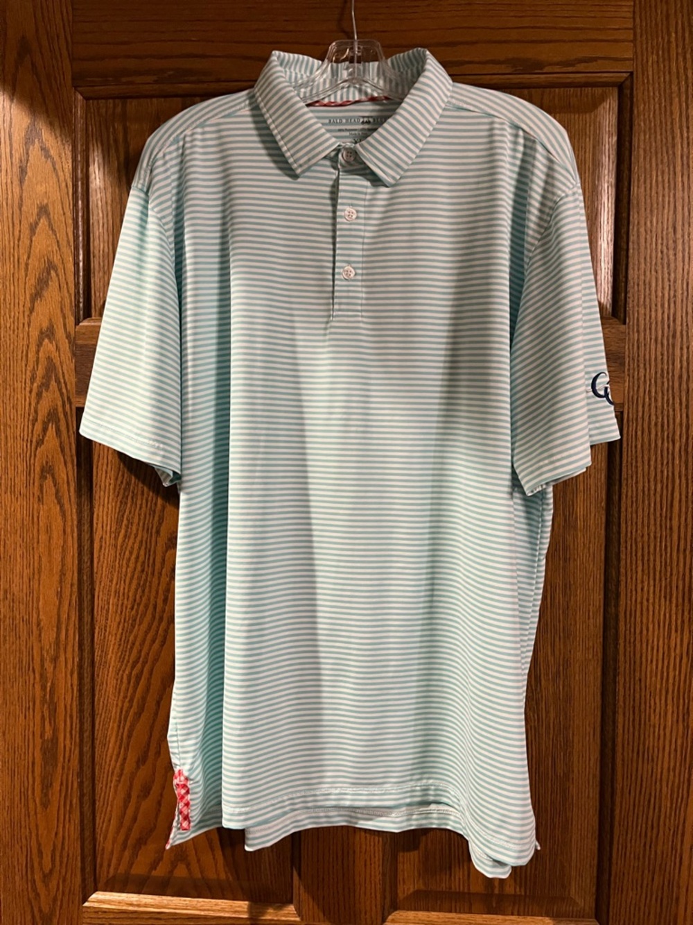 Bald Head Blues Men's Light Aqua Striped Polo Shirt w/red Gingham Trim - size XL